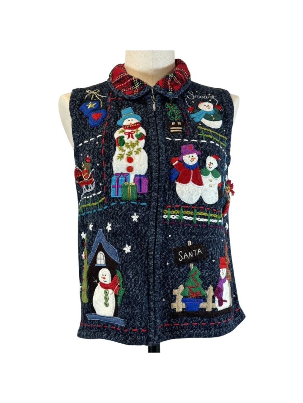Studio Joy Christmas Sweater Vest Womens Small Blue Embroidered Snowman Snowy